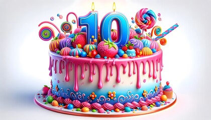 Vibrant 10th Birthday Cake with Candles and Colorful Sweets 