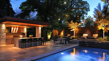beautiful house with yellow lights and a garden with a pool on a sunset