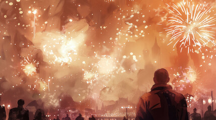 A Man Standing in Awe While Watching a Spectacular Fireworks Display Illuminating the Night Sky Over the City Skyline
