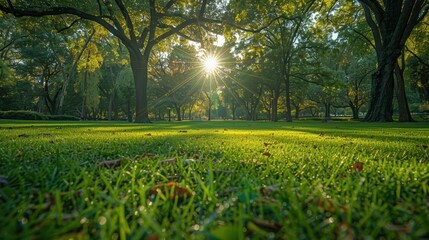 A tranquil park setting with lush green grass and towering trees basking in the golden sunlight filtering through the tree canopy on a serene day