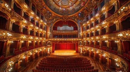 Obraz premium A lavishly decorated, grand theater interior with ornate detailing, red velvet curtains, and balconies filled with plush chairs, ready for an upcoming show