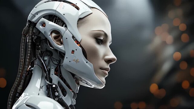 Beautiful face of a futuristic hi-tech cyborg robot woman. Connecting man and computer with artificial intelligence in the future of humanity