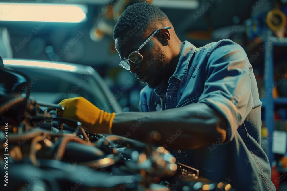 Poster a person tinkers with a car engine in a garage setting