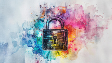 Watercolor Painting of a Black Padlock on a Vibrant and Colorful Backdrop, Creating a Striking and Eye-Catching Illustration