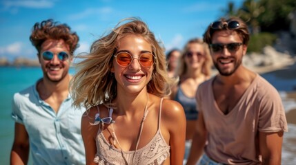 Obraz premium A group of friends enjoy a summertime walk along a sunny beach. They are smiling and wearing casual, stylish beachwear and sunglasses.