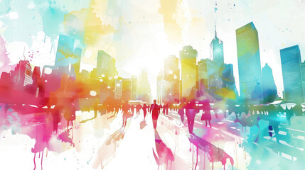 Detailed Watercolor Painting Depicting a Bustling Cityscape Filled With People Strolling and Walking Among the Buildings