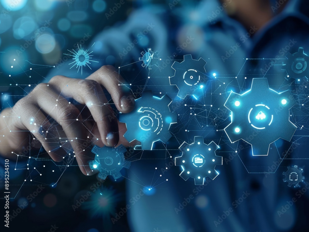 Poster gears and icons in workflow automation diagram, manager utilizing interface amid network background