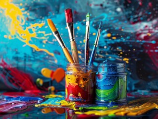 Vibrant artistic paintbrushes in jars with colorful splashes on abstract background