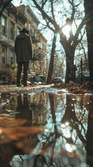 Fototapeta premium A solitary person stands on a quiet street lined with trees and old buildings, their reflection appearing in a rain puddle, creating a tranquil urban scene