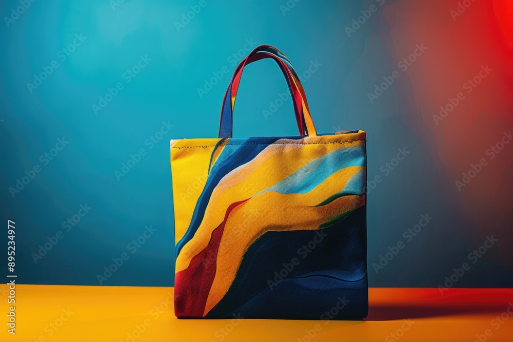 Poster a colorful bag sits atop a surface, possibly for storage or display