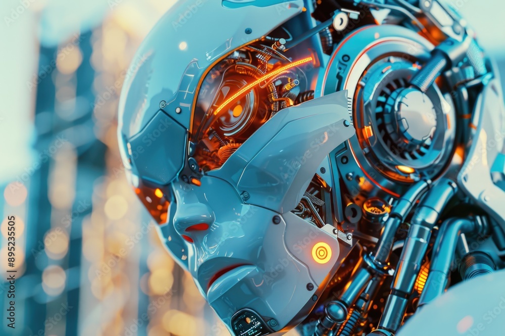 Poster close-up view of a robot's head with a city skyline in the background, ideal for futuristic or sci-f