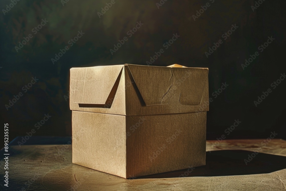 Poster a simple brown box resting on a wooden table, ready for use or storage