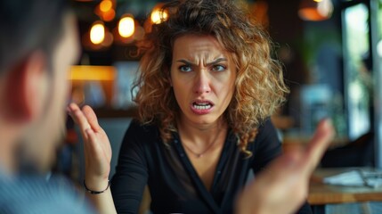 Fototapeta premium person arguing with someone at reception, with frustrated expression generative ai