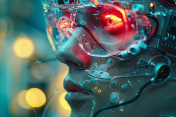 Innovative concept ai and biotech merge in robotic head with integrated circuits