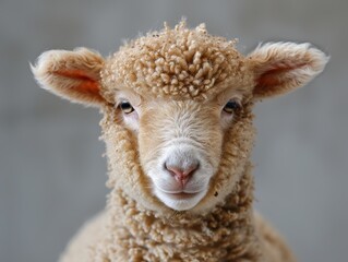 A close-up portrait of a young, curly-haired sheep with a gentle expression, showcasing its soft wool and endearing features against a neutral background