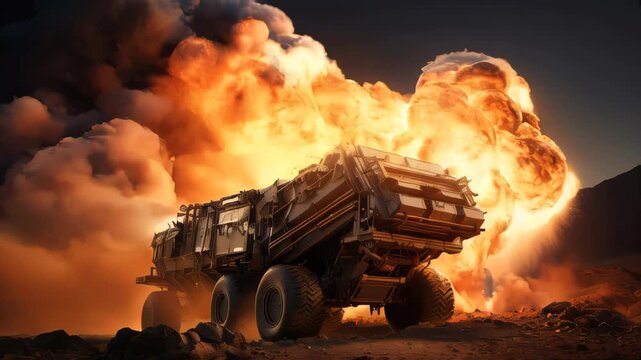 Military heavy armored armed SUV infantry fighting vehicle in battle on the battlefield in the war