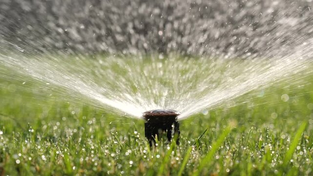 close-up automatic lawn sprinkler working on a sunny day