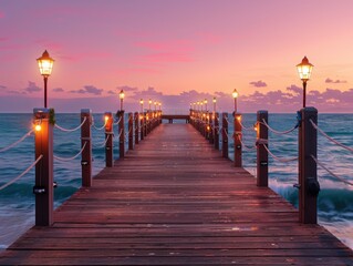Obraz premium A serene wooden pier extending into the ocean at sunset, lined with illuminated lamp posts. The sky is a beautiful blend of pink and purple hues, reflecting on the water.