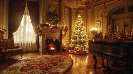 Obraz premium Victorian style living room with fireplace, decorated and illuminated Christmas tree and gift boxes. New Year ambience