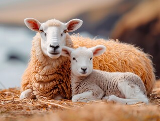 Obraz premium A curious sheep and her lamb are seen together on a scenic, grassy landscape in Vestmannaeyjar, offering a heartwarming glimpse of nature and maternal bond.