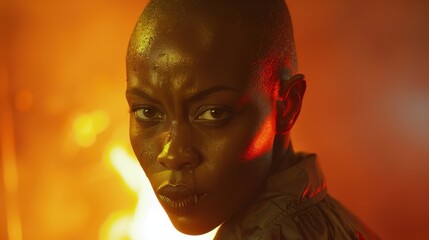 A determined boxer with short hair practices her punches in a studio, with a dramatic orange and yellow background adding intensity to the scene.