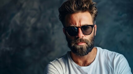 Fototapeta premium Handsome man with a beard and sunglasses poses for a photo in a photo studio. He is wearing a white T-shirt.