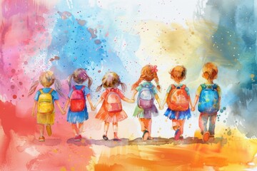 A group of kids hiking in the woods, all carrying backpacks