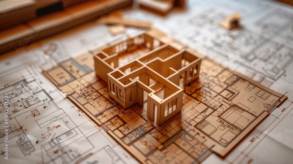 Poster a 3d model of a house sitting on top of a blueprint, perfect for architectural or design concepts