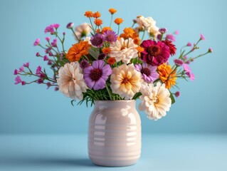 A vibrant arrangement of various summer flowers in a pale pink vase, set against a solid blue background.