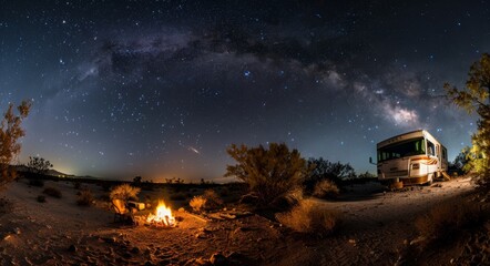 Panorama of a family sitting under the milky way at a bonfire