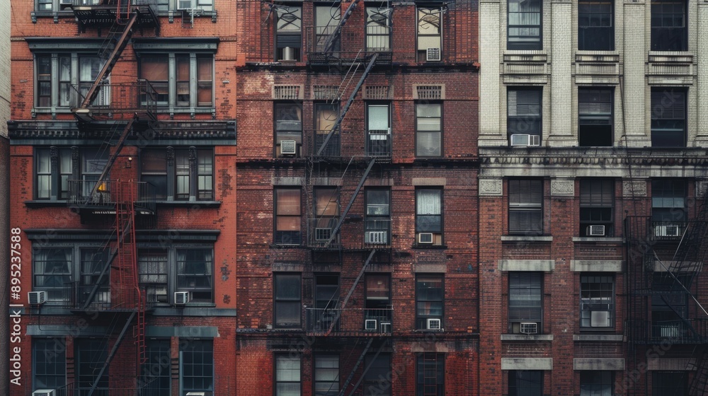 Poster A tall brick building with many windows and a clock on it