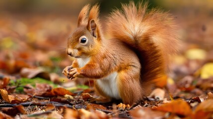 Obraz premium beautiful squirrel in the middle of the forest with an autumn view