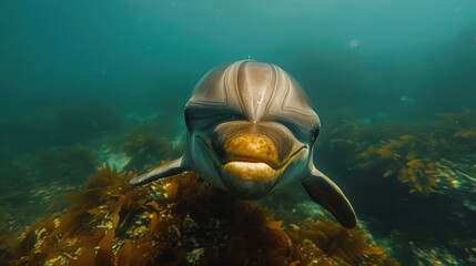A mesmerizing underwater photograph showcasing a curious dolphin swimming gracefully through the ocean, surrounded by vibrant marine life and lush seaweed