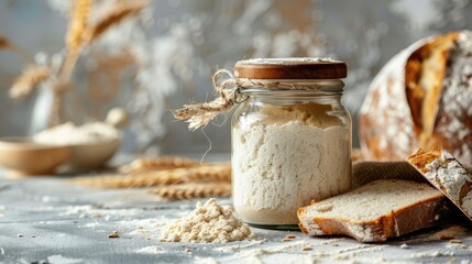 Rye and wheat sourdough starter in a jar with flour and freshly baked bread on a table