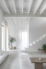 Minimalist White Interior Design with Wooden Beams and a Modern Staircase