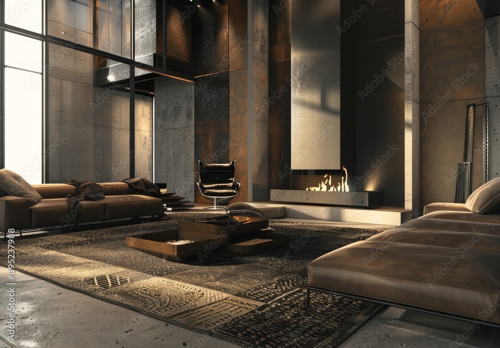 Wall mural Luxury living room interior with fireplace, armchair and carpet.