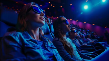People wearing 3D glasses enjoying watching 3d movie in modern cinema. Generative AI.