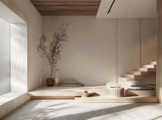 Minimalist Japanese Style Interior Design With Wooden Stairs And Branch