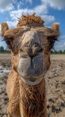 Obraz premium Close-up image of a camel with distinctive facial features standing in a dry, cracked, and muddy landscape under a partly cloudy blue sky