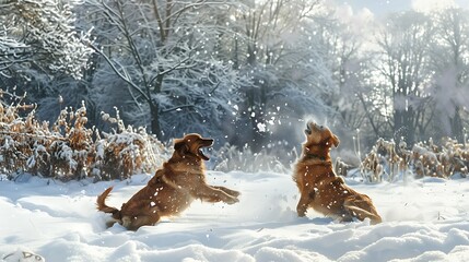 Naklejka premium A winter wonderland scene featuring two dogs playing in the snow with one catching snowflakes and the other rolling in the snow while a snowy landscape and trees set the backdrop