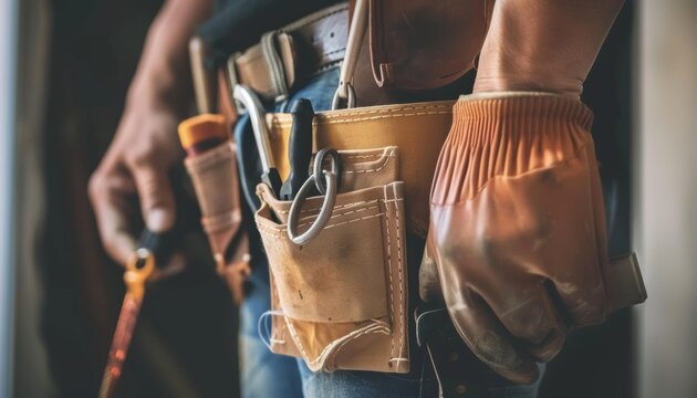 Skilled handyman with tool belt in a captivating photography shot for impactful visual storytelling - Powered by Adobe