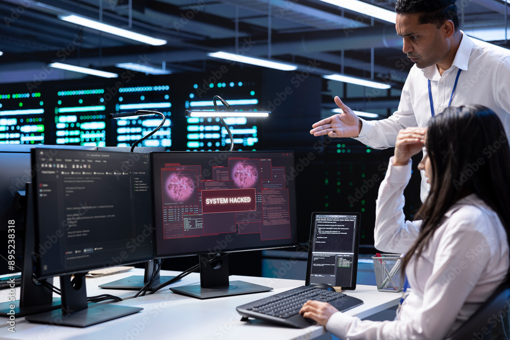 Poster computer scientist in server hub asking coworker for help, trying to protect equipment from hacker. 