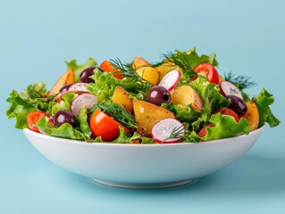 A bowl of fresh mixed salad containing lettuce, tomatoes, radishes, black olives, and likely other vegetables, arranged aesthetically against a light blue background.