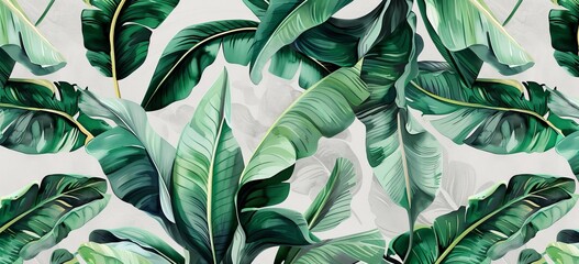 Vine-like tropical leaves on a textured background in green-gray tones, photo wallpaper