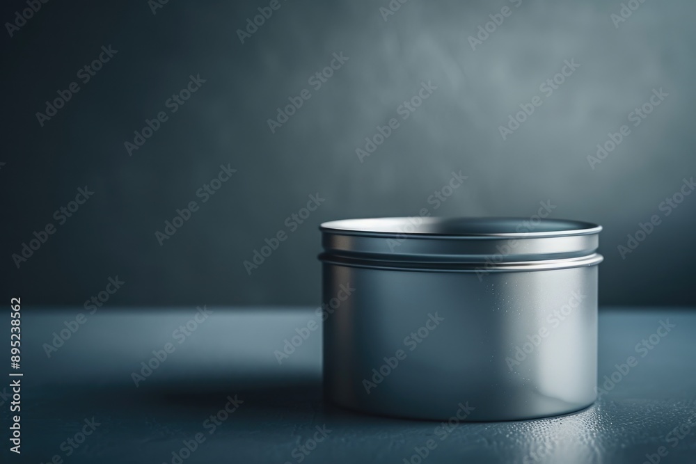 Poster a metal container sits on top of a table, awaiting use or storage