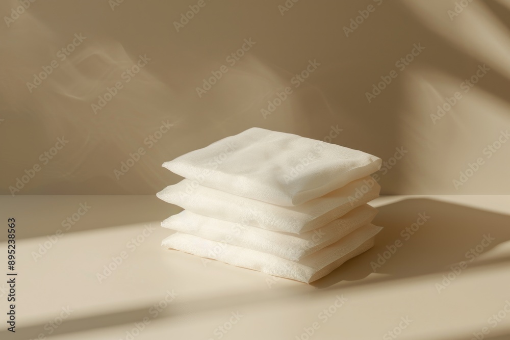 Poster A stack of clean white cloths rests on a countertop, ready for use