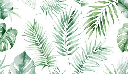 Stunning tropical pattern with different varieties of leaves. Beautiful wall decor. A mural for the room. Photo wallpaper for the interior. Tropical pattern with different kinds of leaves. Painted