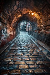 Obraz premium Rustic cobblestone alleyway under an arched brick tunnel with a warm street light illuminating the path on a wet evening, leading to charming buildings