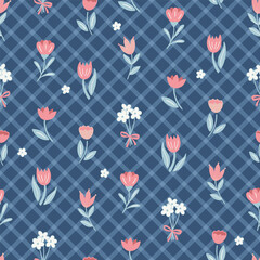 Seamless Vector Pattern with Flowers on Blue Grid