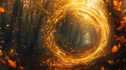 enchanted autumn forest with swirling vortex of golden leaves mystical light filters through branches creating a magical atmosphere